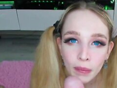 Skinny babe with ponytails facefuck big dick