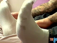 Inked stud Evan Heinze caresses feet and cock solo