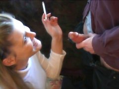 Sensual young blonde babe knows how to smoke and suck a dic