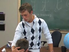 Teacher Brice Carson submits twink Kirk Taylor in classroom