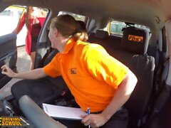 fake driving school curvy brunette sofia lee sucks coffee flavoured cock