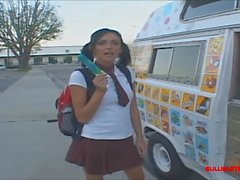 ice cream truck teen in knee high white socks get long dick creampie and eats it out of pussy