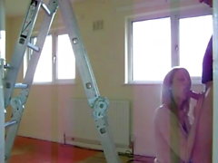 British slut wife gets bent over the stepladder and fucked