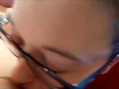 Nerd with glasses CFNM blowjob and swallowing