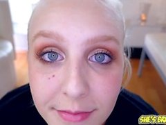 Petite blonde Brittney Cooper POV blowjob and swallow