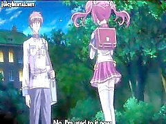 Tiny anime babe with pink panties eats cock and gets drilled