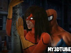 Two bi 3D superhero babes get fucked by Spiderman