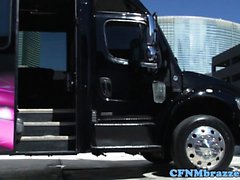 CFNM babes cockriding on party limo bus