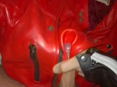 red leather jacket wank and cum