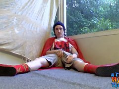 Young guy Sean Johansen drips cum while wearing red shoes