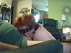 Blindfolded brunette plumper seizes the chance to suck and