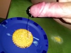 Self Handjob - Cum on Food - Cookie Cumshot Slo-Mo