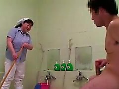 Chunky Asian janitor with big tits blows him and gets humpe