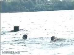 Hot naked bathers banging on the shore of the lake