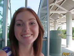 Redheaded babe Natalie Lust rides a cock in pov.