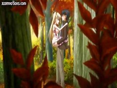 Cute busty blonde anime is in the woods and blows and gets banged