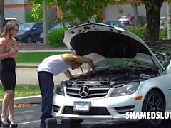 Slut needs her car repaired and she pays with pussy