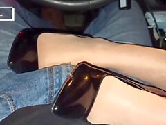 Nylon feet tease, high heels, pantyhose footjob