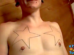 hetero fellow with pierced nipples jacks off and pops