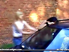 Catfight and hardcore fuck of two girls at the carwash