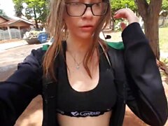 Brunette Teen Flashing and Masturbating in a Park