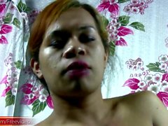 Thai ladyboy with huge balls is stroking her hairy shecock