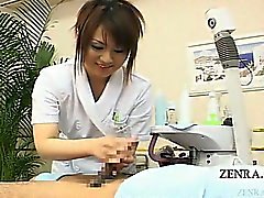 Subtitled CFNM Japanese sensual handjob massage cumshot