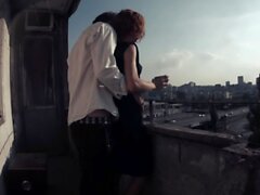 Redhead has her morning coffee and sex on the balcony