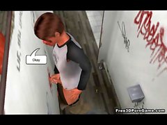 3D toon whore in a bathroom runs a glory hole